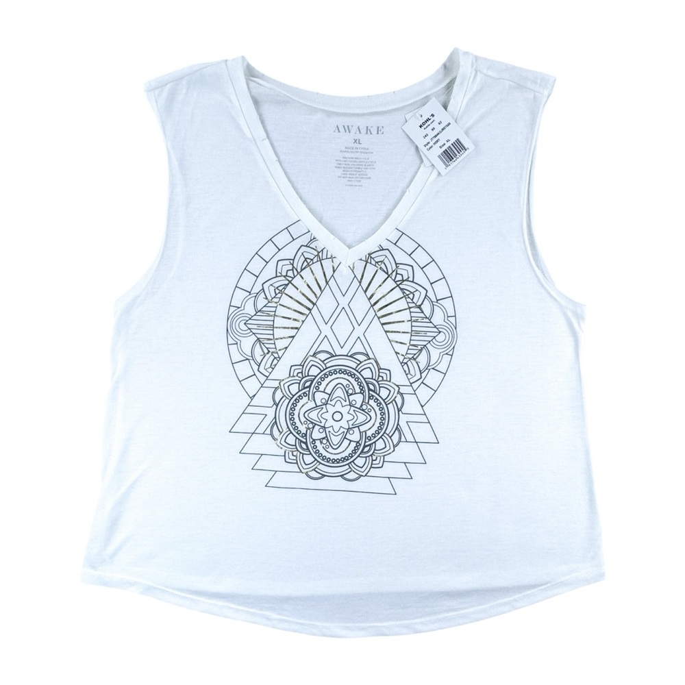 Awake Raw Edge Cutoff V-neck T-shirt White Mandala Graphic Boho Women’s XL